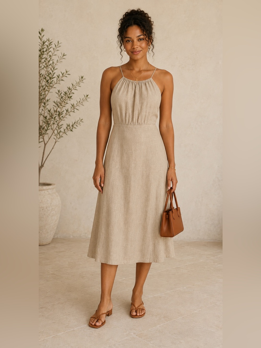 Banana Republic Linen Blend Beige Midi Dress Size 0 NWOT